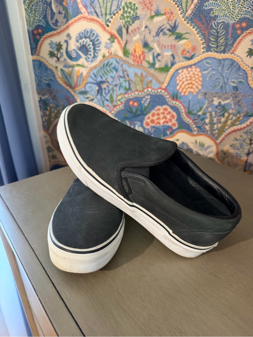 Vans Black Leather Slip-On Sneakers with White Sole